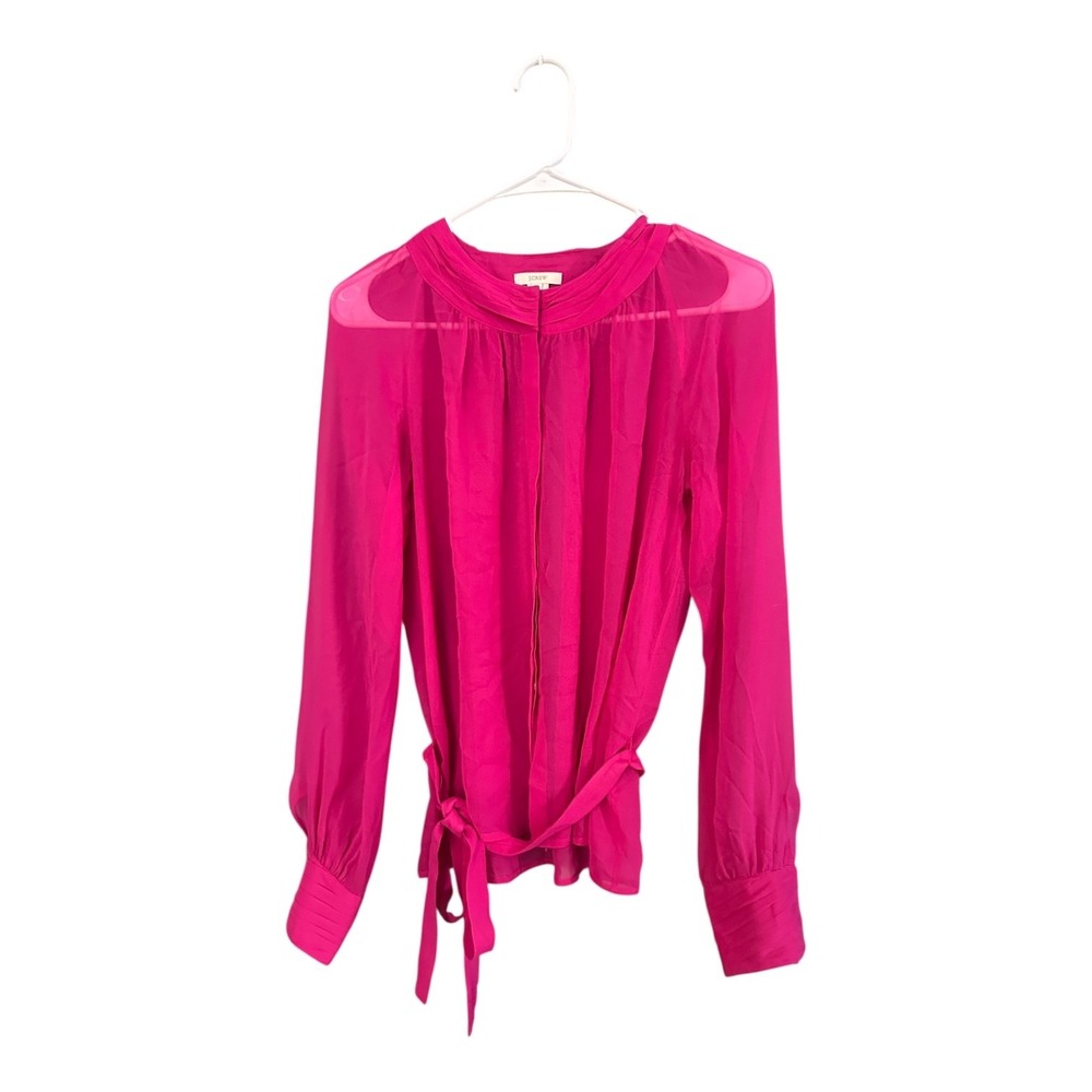 J.Crew Silk Sheer Pleated Mock Neck Blouse Magenta Pink Long Sleeve Tie Belt 4